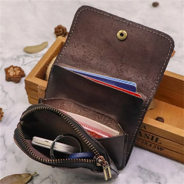 SG718 Mini Portamonete con Cerniera e Tasca Retro in Pelle di Mucca Rugosa - Colore Caffè
