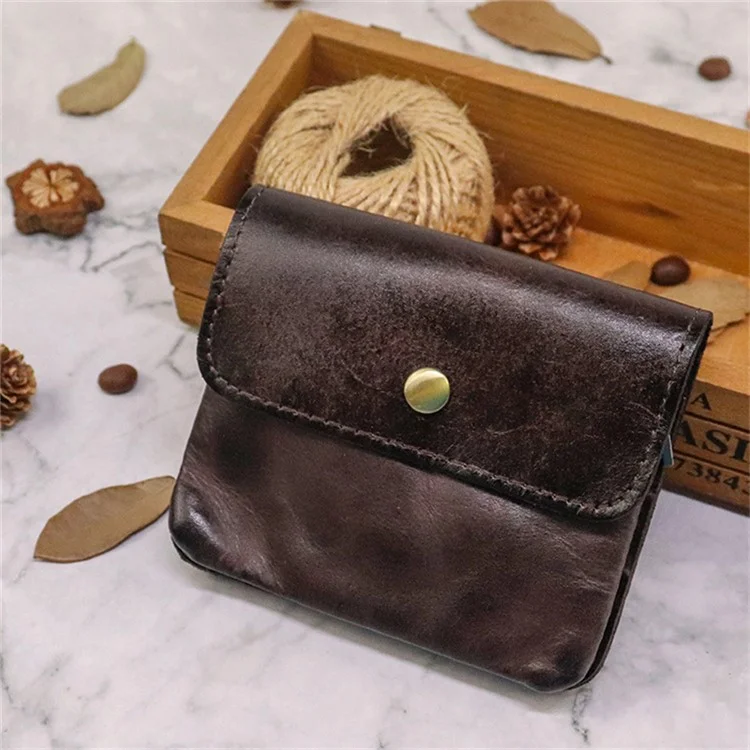 SG718 Mini Portamonete con Cerniera e Tasca Retro in Pelle di Mucca Rugosa - Colore Caffè