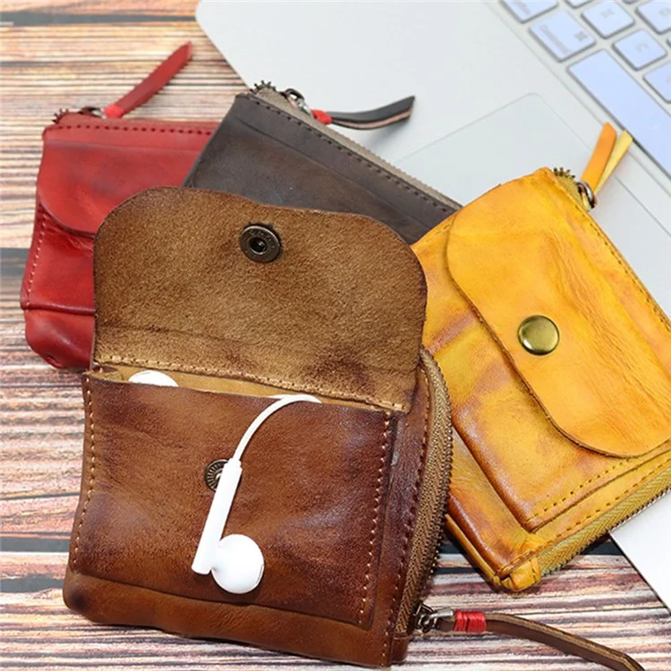 SG132 Kleine Münzbörse Oberlederschicht Vintage-Stil Mini-Münztasche Kartenhalter Geldbörse - Braun