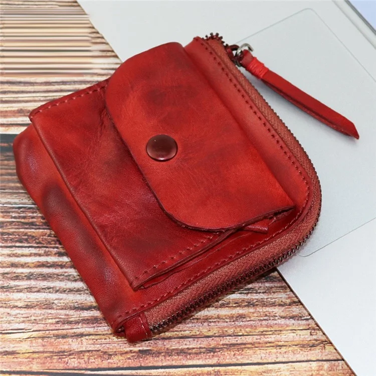 SG132 Small Coin Purse Top Layer Cowhide Leather Vintage Style Mini Coin Bag Card Holder Wallet - Wine Red