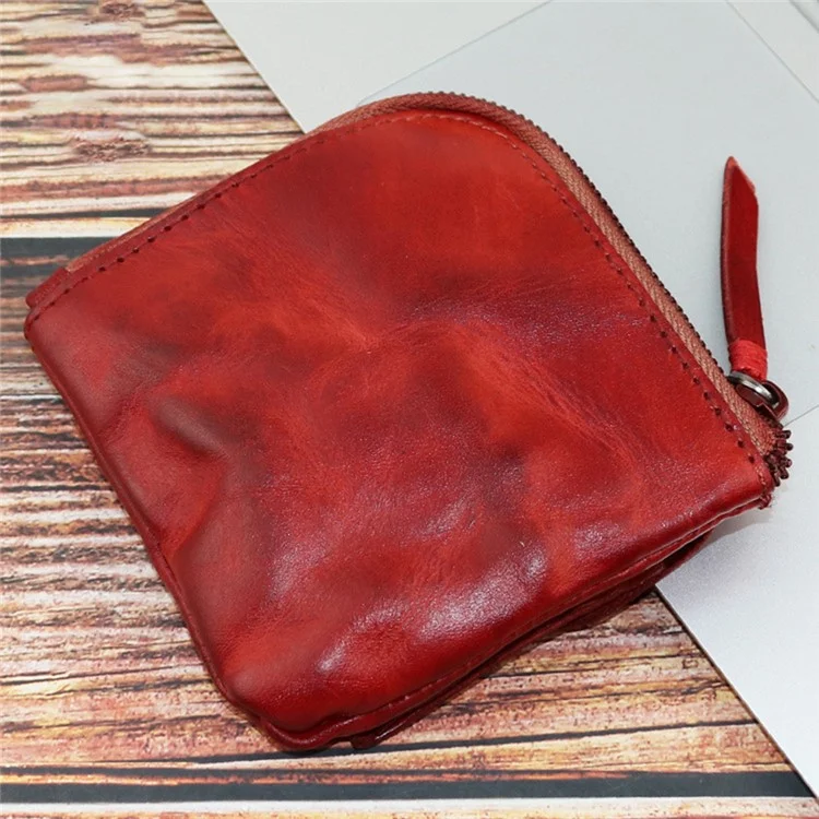 SG132 Small Coin Purse Top Layer Cowhide Leather Vintage Style Mini Coin Bag Card Holder Wallet - Wine Red