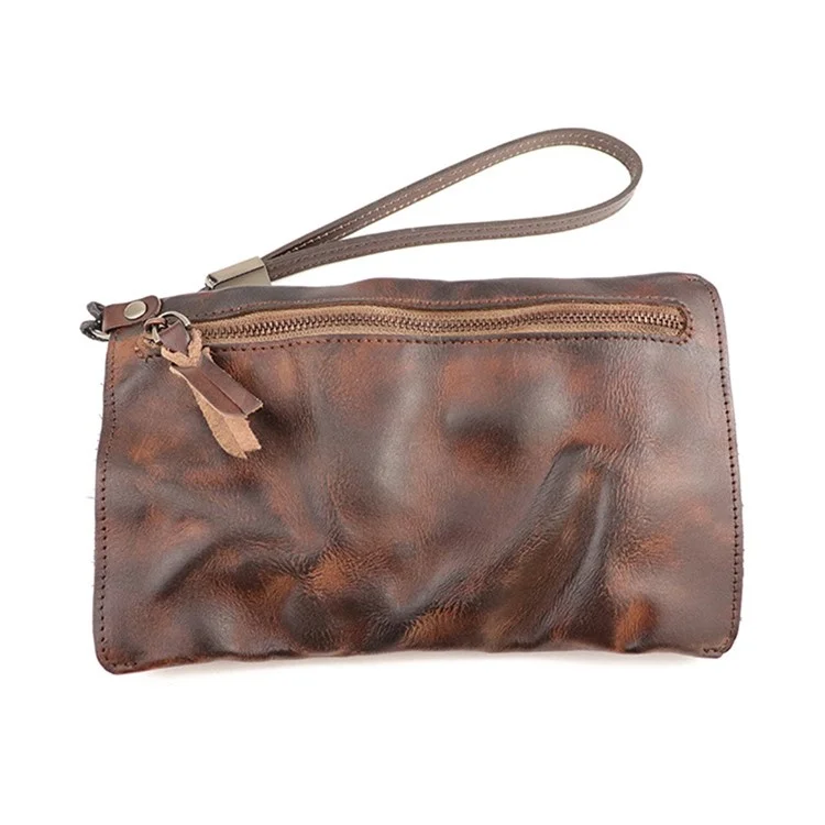 SG628 Top Layer Cowhide Leather Wrinkled Old Retro Wallet Long Coin Purse Zipper Business Casual Large Capacity Wallet with Wrist Strap - Coffee