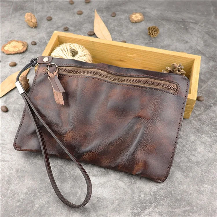 SG628 Top Layer Cowhide Leather Wrinkled Old Retro Wallet Long Coin Purse Zipper Business Casual Large Capacity Wallet with Wrist Strap - Coffee