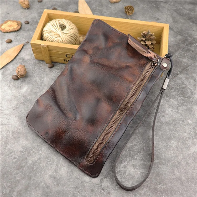 SG628 Top Layer Cowhide Leather Wrinkled Old Retro Wallet Long Coin Purse Zipper Business Casual Large Capacity Wallet with Wrist Strap - Coffee
