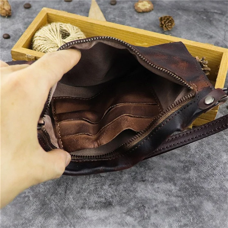 SG628 Top Layer Cowhide Leather Wrinkled Old Retro Wallet Long Coin Purse Zipper Business Casual Large Capacity Wallet with Wrist Strap - Coffee