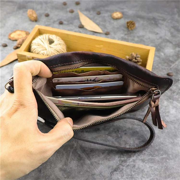 SG628 Top Layer Cowhide Leather Wrinkled Old Retro Wallet Long Coin Purse Zipper Business Casual Large Capacity Wallet with Wrist Strap - Coffee