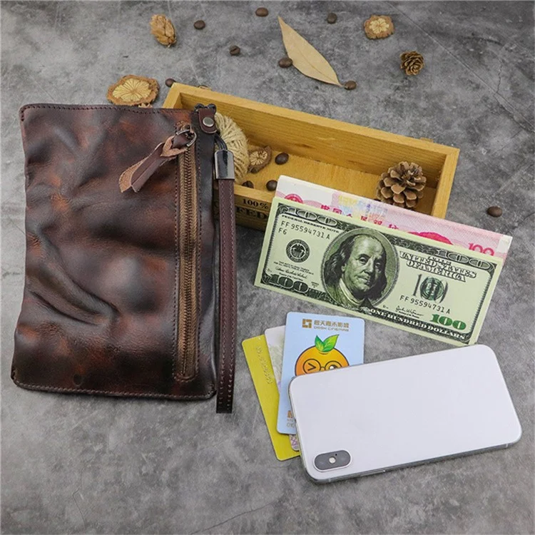 SG628 Top Layer Cowhide Leather Wrinkled Old Retro Wallet Long Coin Purse Zipper Business Casual Large Capacity Wallet with Wrist Strap - Coffee