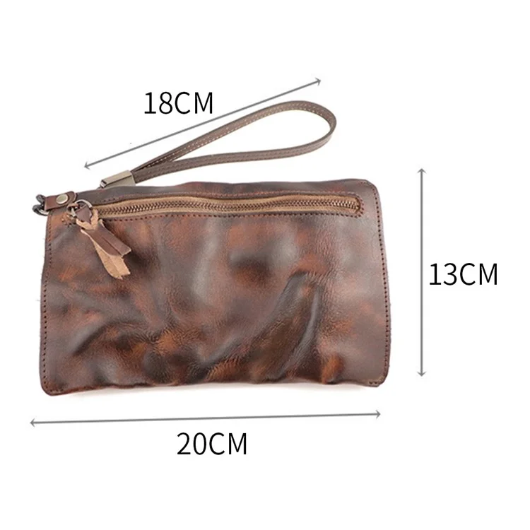 SG628 Top Layer Cowhide Leather Wrinkled Old Retro Wallet Long Coin Purse Zipper Business Casual Large Capacity Wallet with Wrist Strap - Coffee
