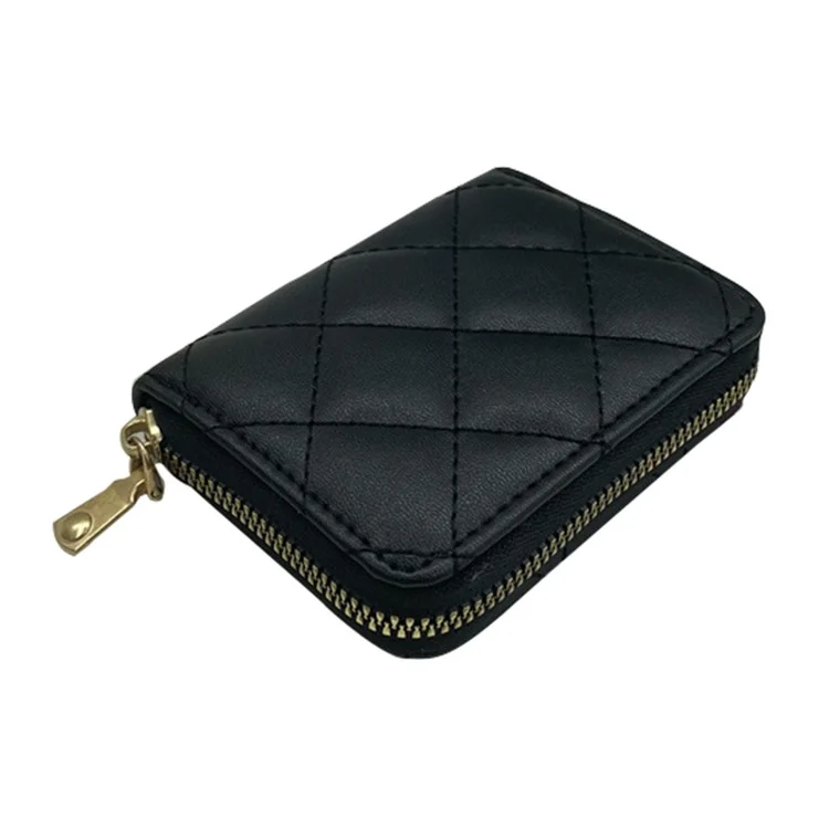 Rhombus Stitching Line Women Short Wallet Zipper Coin Purse PU Leather Organ Card Holder Bag - Black