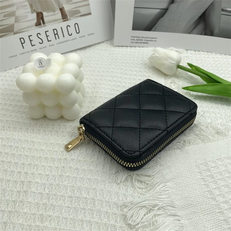 Rhombus Stitching Line Women Short Wallet Zipper Coin Purse PU Leather Organ Card Holder Bag - Black