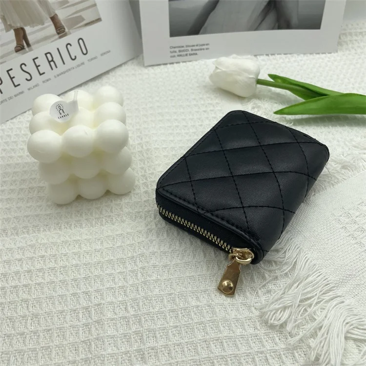 Rhombus Stitching Line Women Short Wallet Zipper Coin Purse PU Leather Organ Card Holder Bag - Black