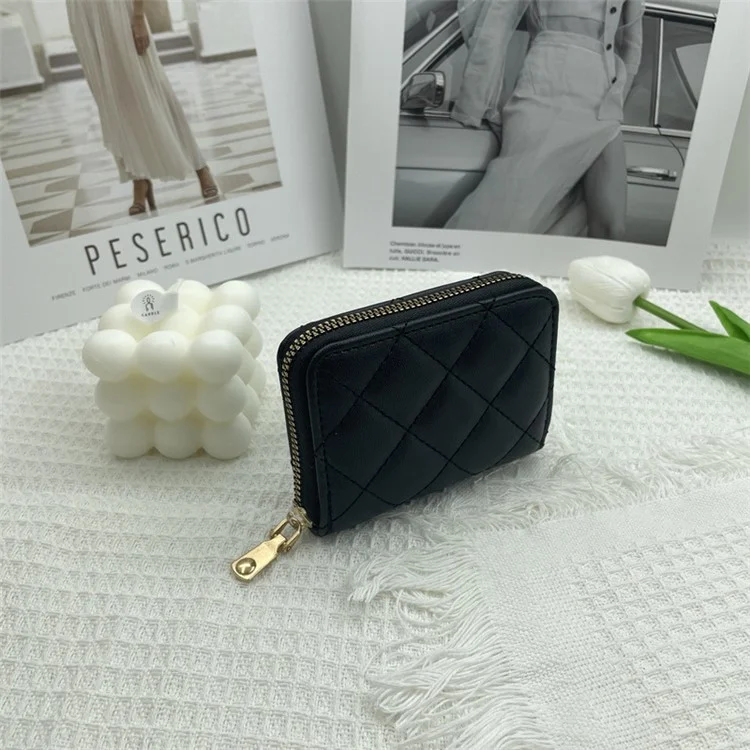 Rhombus Stitching Line Women Short Wallet Zipper Coin Purse PU Leather Organ Card Holder Bag - Black