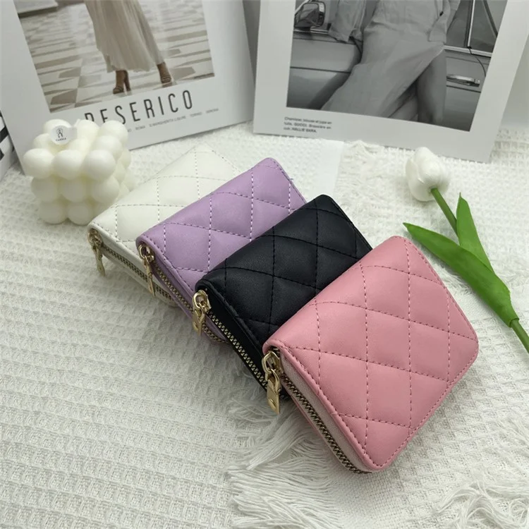 Rhombus Stitching Line Women Short Wallet Zipper Coin Purse PU Leather Organ Card Holder Bag - Black