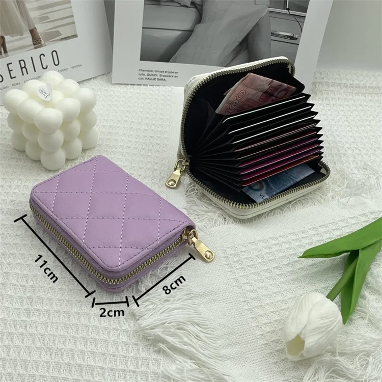 Rhombus Stitching Line Women Short Wallet Zipper Coin Purse PU Leather Organ Card Holder Bag - Black