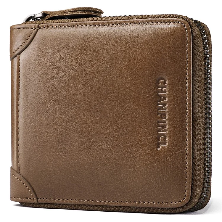 CHANPINCL CLQ375C Cartera de Cuero Genuino RFID Blocking Card Storage Pouch Cash Money Zipper Carrying Bag - Caqui
