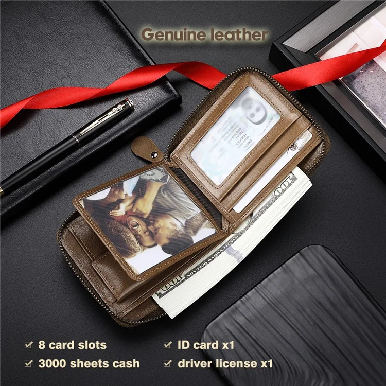 CHANPINCL CLQ375C Cartera de Cuero Genuino RFID Blocking Card Storage Pouch Cash Money Zipper Carrying Bag - Caqui