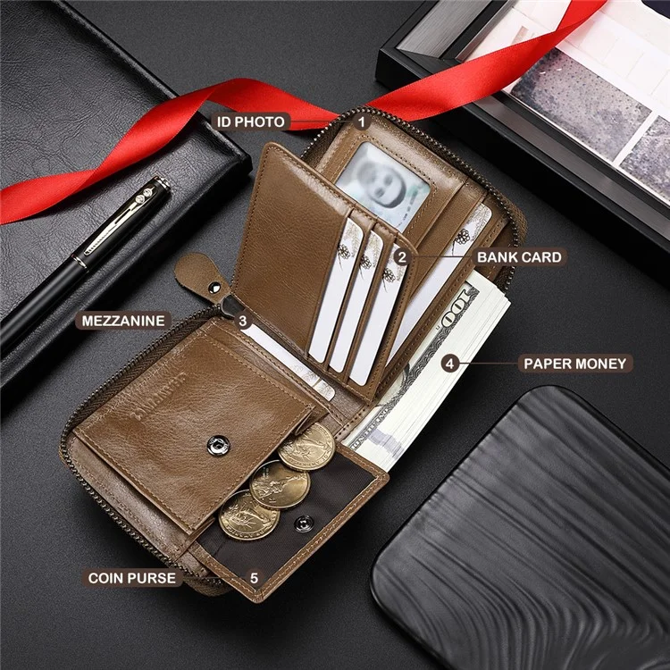 CHANPINCL CLQ375C Cartera de Cuero Genuino RFID Blocking Card Storage Pouch Cash Money Zipper Carrying Bag - Caqui