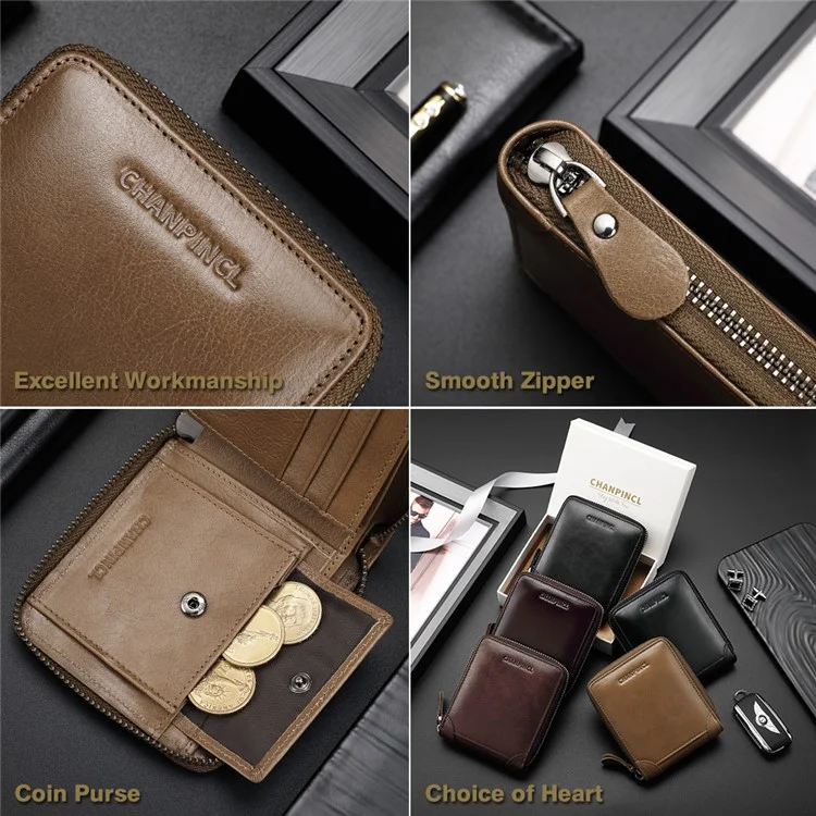 CHANPINCL CLQ375C Cartera de Cuero Genuino RFID Blocking Card Storage Pouch Cash Money Zipper Carrying Bag - Caqui