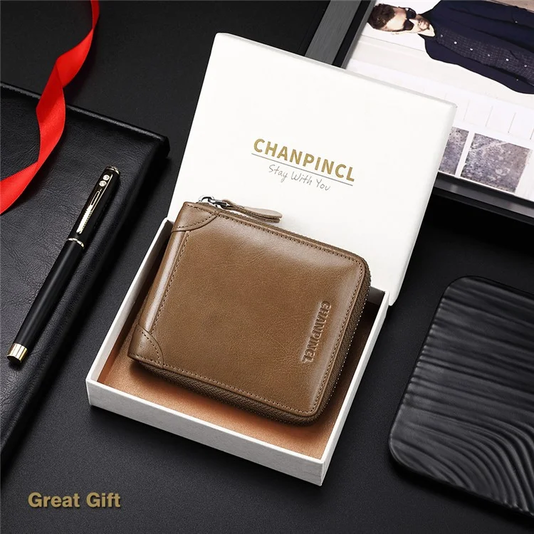 CHANPINCL CLQ375C Cartera de Cuero Genuino RFID Blocking Card Storage Pouch Cash Money Zipper Carrying Bag - Caqui