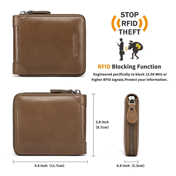 CHANPINCL CLQ375C Cartera de Cuero Genuino RFID Blocking Card Storage Pouch Cash Money Zipper Carrying Bag - Caqui