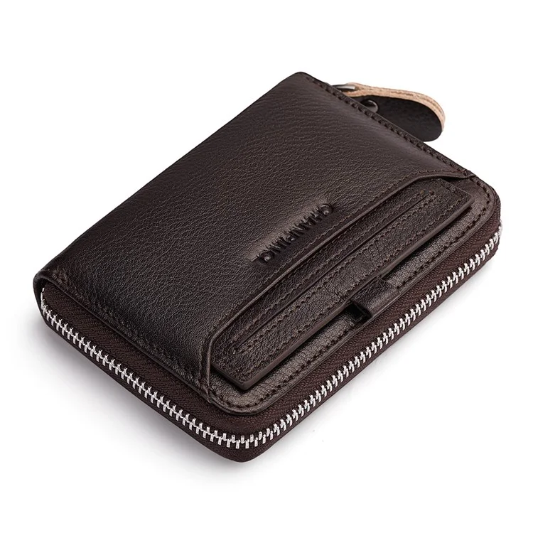 CHANPINCL CLQ320B Cowhide Leather RFID Blocking Small Wallet Zipper Coin Purse with Removable Card Holder - Coffee