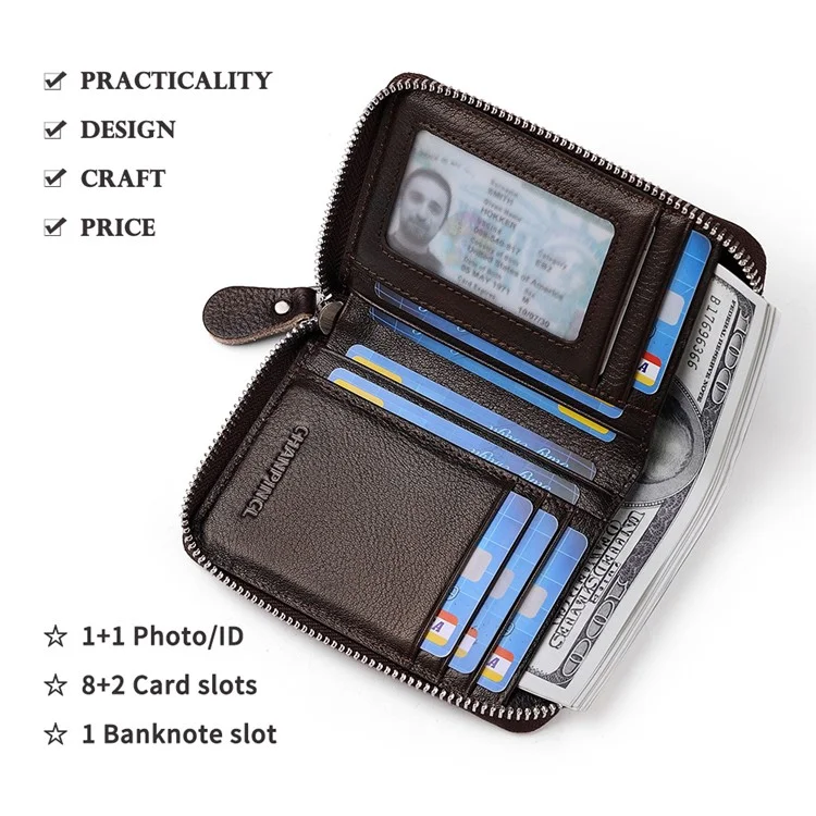 CHANPINCL CLQ320B Cowhide Leather RFID Blocking Small Wallet Zipper Coin Purse with Removable Card Holder - Coffee