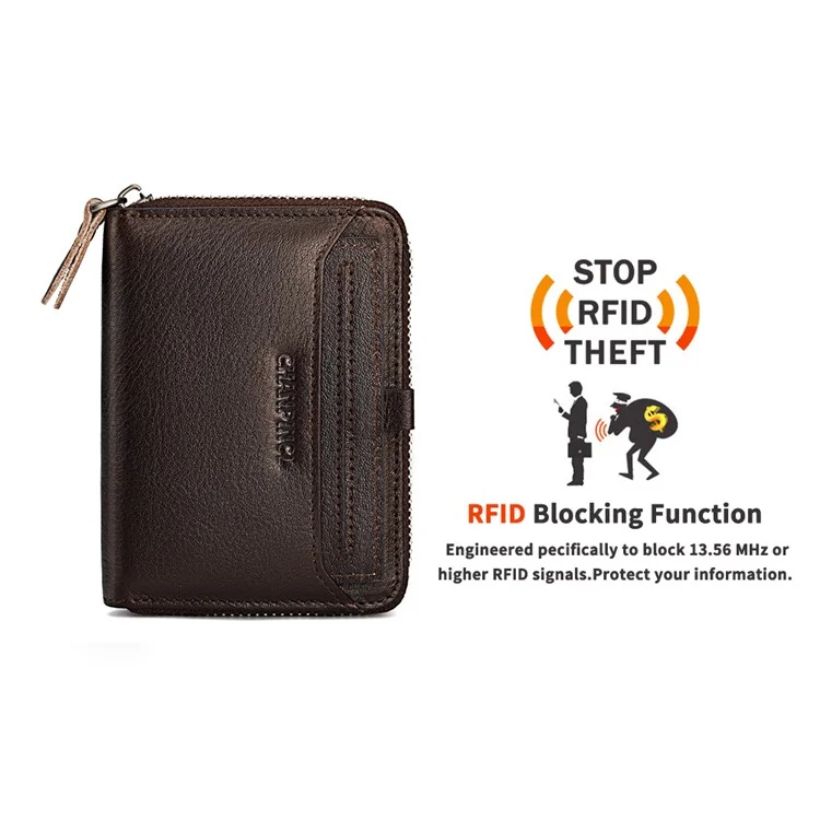 CHANPINCL CLQ320B Cowhide Leather RFID Blocking Small Wallet Zipper Coin Purse with Removable Card Holder - Coffee