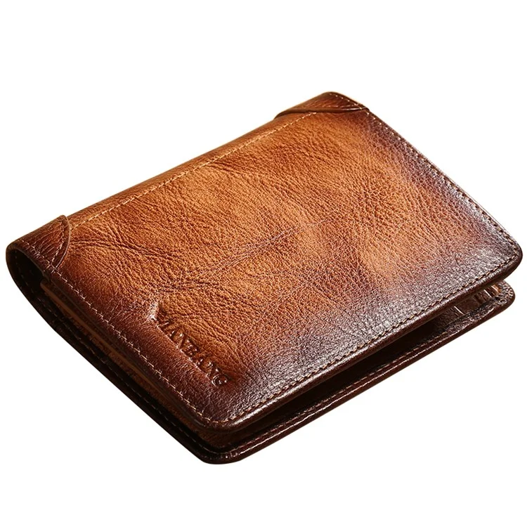MANBANG 00877 Genuine Leather Tri-fold Wallet Classic Style RFID Blocking Card Pouch Billfold Coin Cash Money Purse - Yellowish-brown