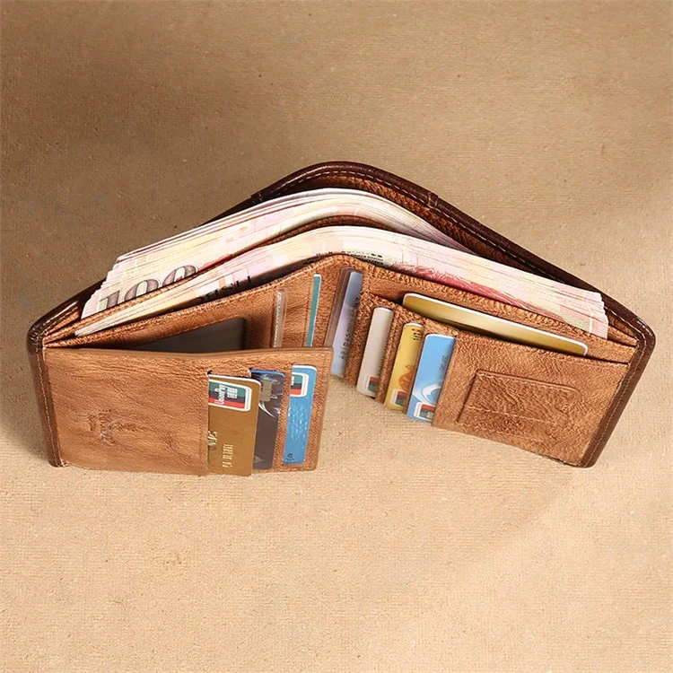 MANBANG 00877 Genuine Leather Tri-fold Wallet Classic Style RFID Blocking Card Pouch Billfold Coin Cash Money Purse - Yellowish-brown