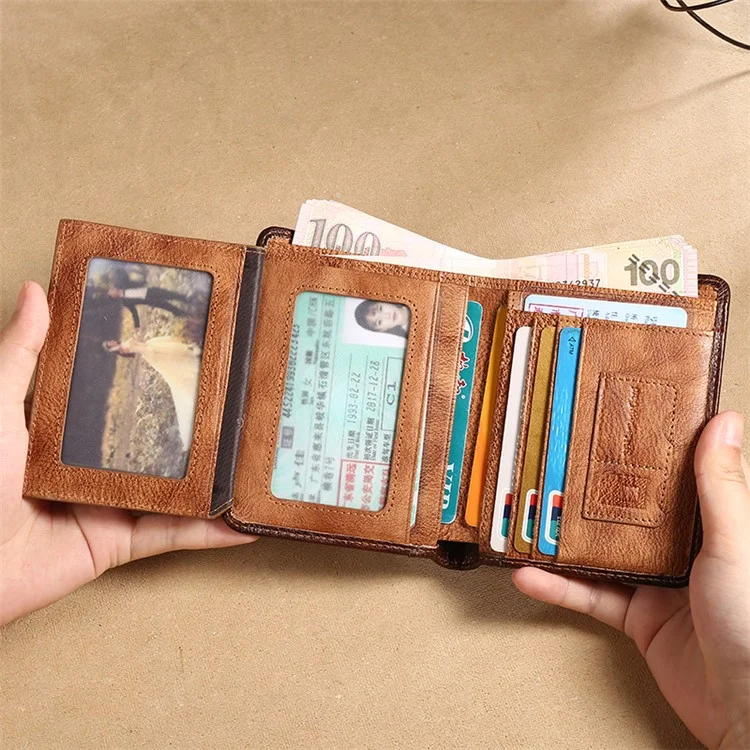 MANBANG 00877 Genuine Leather Tri-fold Wallet Classic Style RFID Blocking Card Pouch Billfold Coin Cash Money Purse - Yellowish-brown