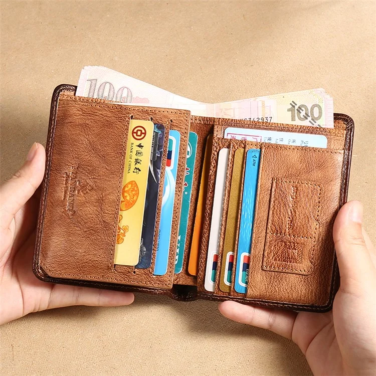 MANBANG 00877 Genuine Leather Tri-fold Wallet Classic Style RFID Blocking Card Pouch Billfold Coin Cash Money Purse - Yellowish-brown