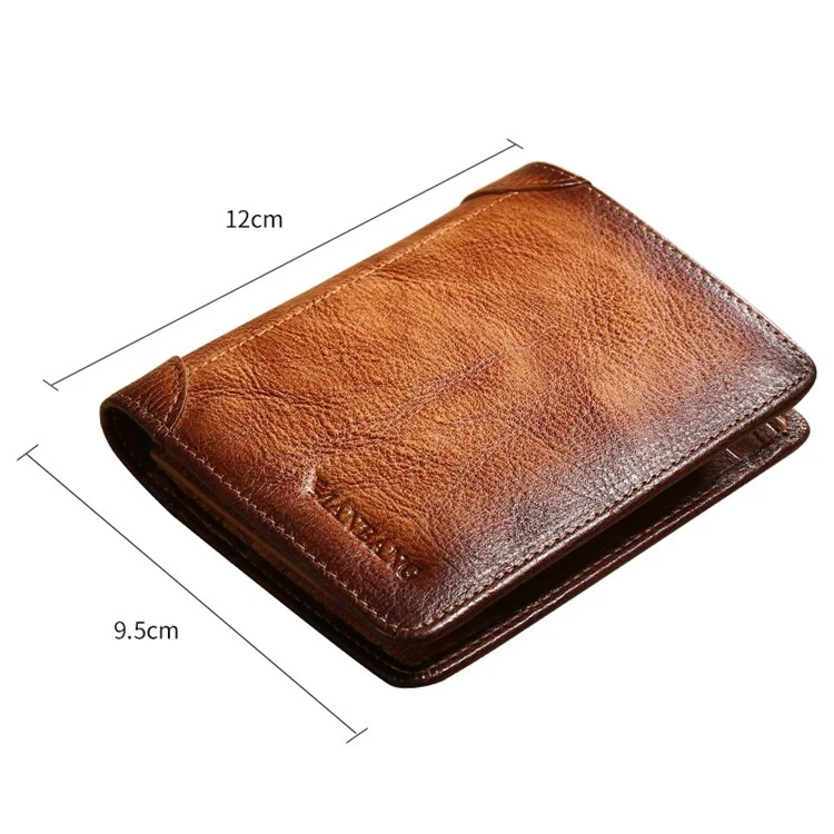 MANBANG 00877 Genuine Leather Tri-fold Wallet Classic Style RFID Blocking Card Pouch Billfold Coin Cash Money Purse - Yellowish-brown