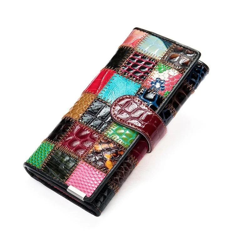 4202 Couleur Épissage D'embrayage de Téléphone Portable Femmes Pourse Poursier Top Top Cow Coue en Cuir - Carré / Cuir Verni