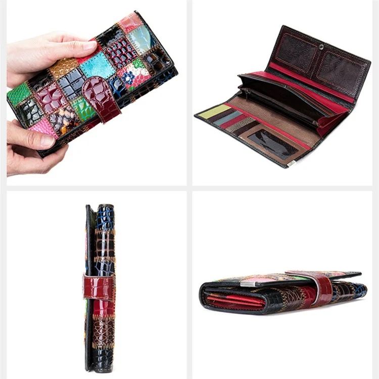 4202 Couleur Épissage D'embrayage de Téléphone Portable Femmes Pourse Poursier Top Top Cow Coue en Cuir - Carré / Cuir Verni