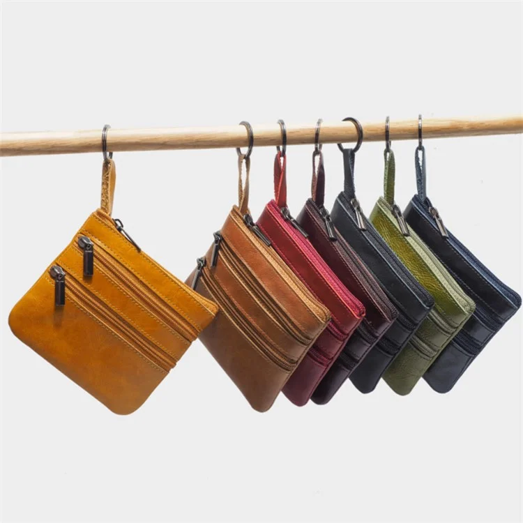 AP201 Stylish Cowhide Leather Small Wallet Zipper Pocket Design Cards Coins Cash Holder Purse - Orange