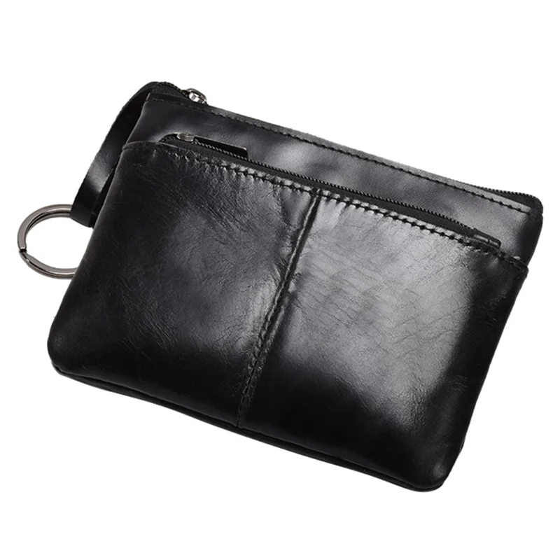 AP127 Mini Wallet Genuine Cowhide Leather Coin Purse Zipper Small Pouch Change Card Key Storage Bag -  Black