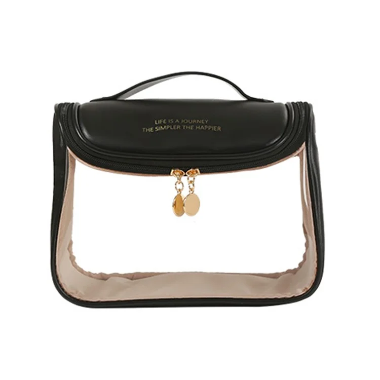 HK8297 Waterproof Clear Design Makeup Bag Large Capacity Cosmetic Bag PU Leather+PVC Travel Toiletry Organizer with Portable Handle Strap - Black