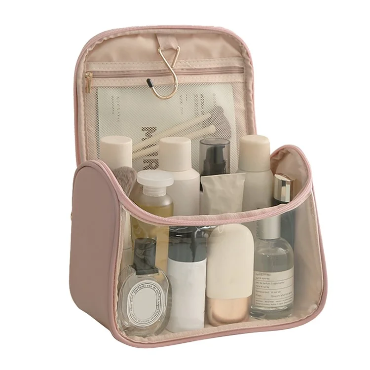 HK8297 Waterproof Clear Design Makeup Bag Large Capacity Cosmetic Bag PU Leather+PVC Travel Toiletry Organizer with Portable Handle Strap - Rose Pink