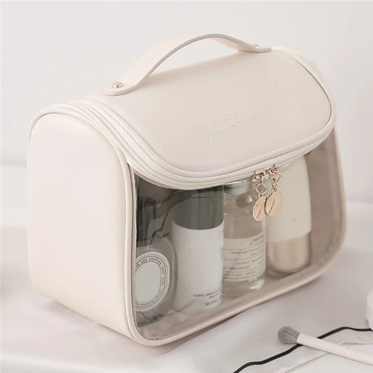 HK8297 Waterproof Clear Design Makeup Bag Large Capacity Cosmetic Bag PU Leather+PVC Travel Toiletry Organizer with Portable Handle Strap - Rose Pink