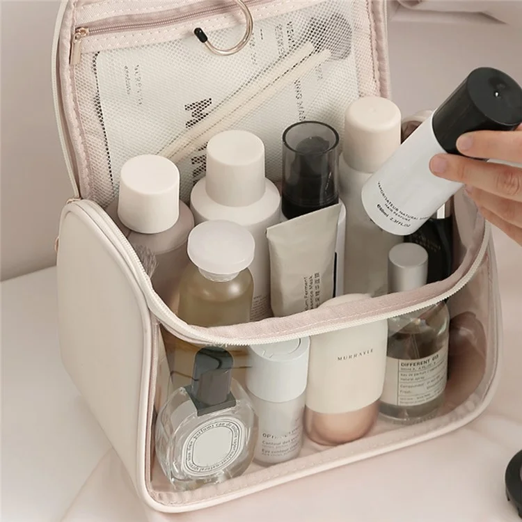 HK8297 Waterproof Clear Design Makeup Bag Large Capacity Cosmetic Bag PU Leather+PVC Travel Toiletry Organizer with Portable Handle Strap - Rose Pink