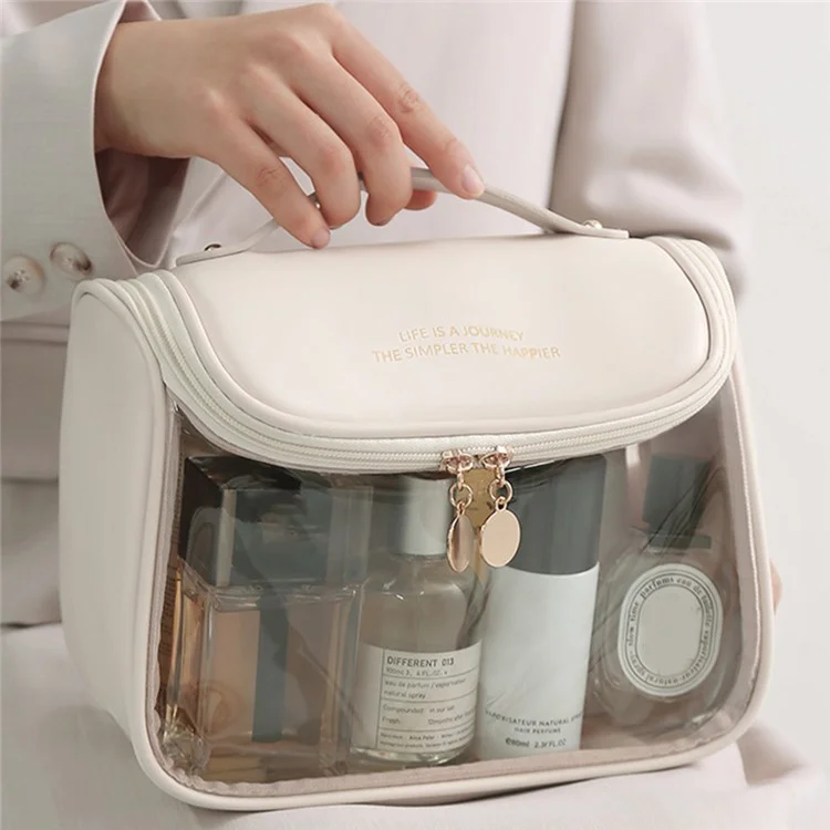 HK8297 Waterproof Clear Design Makeup Bag Large Capacity Cosmetic Bag PU Leather+PVC Travel Toiletry Organizer with Portable Handle Strap - Rose Pink