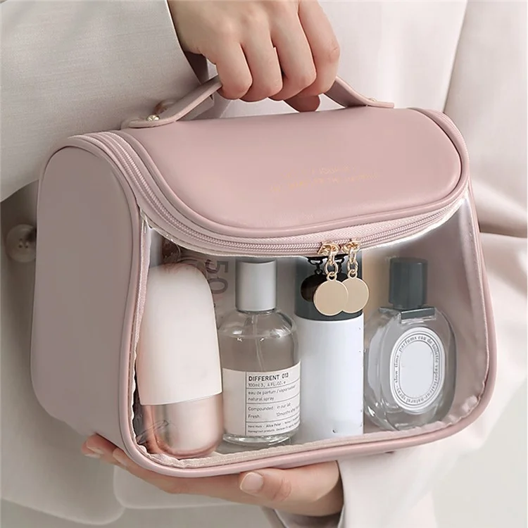 HK8297 Waterproof Clear Design Makeup Bag Large Capacity Cosmetic Bag PU Leather+PVC Travel Toiletry Organizer with Portable Handle Strap - Rose Pink