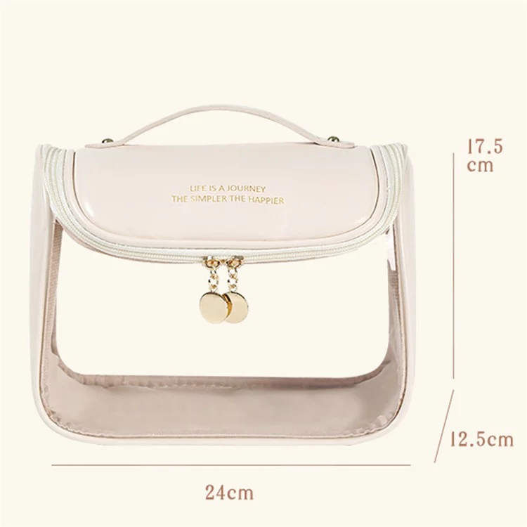 HK8297 Waterproof Clear Design Makeup Bag Large Capacity Cosmetic Bag PU Leather+PVC Travel Toiletry Organizer with Portable Handle Strap - Rose Pink