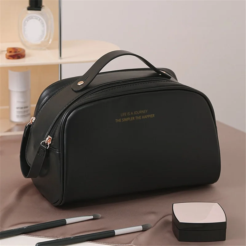 HK8301 Large Capacity Portable Makeup Cosmetics Bag Dual Zipper Portable Toiletry Organizer Bag - Black