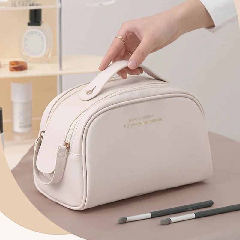 HK8301 Large Capacity Portable Makeup Cosmetics Bag Dual Zipper Portable Toiletry Organizer Bag - Black