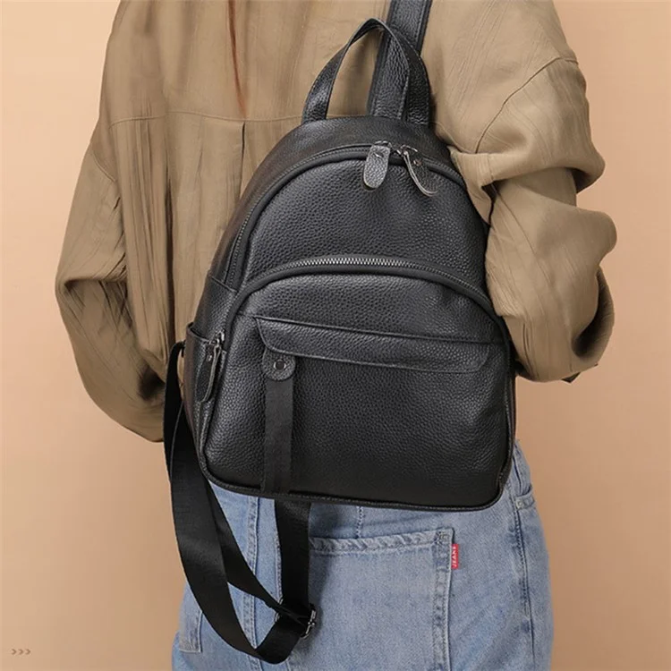319 Anti-Wear Top-Layer Cowhide Leather Backpack Damen Schultertasche Reise Daypack - Schwarz