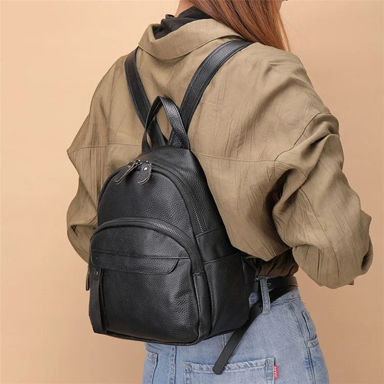 319 Anti-Wear Top-Layer Cowhide Leather Backpack Damen Schultertasche Reise Daypack - Schwarz
