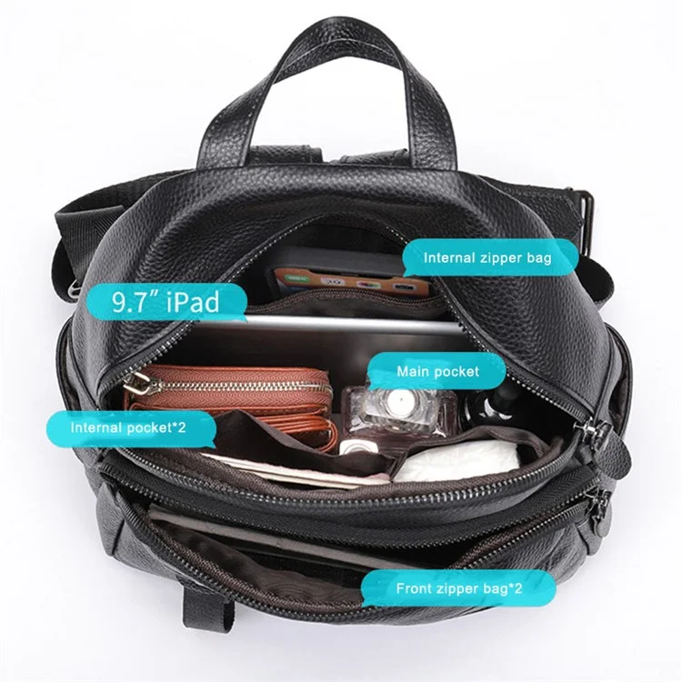 319 Anti-Wear Top-Layer Cowhide Leather Backpack Damen Schultertasche Reise Daypack - Schwarz