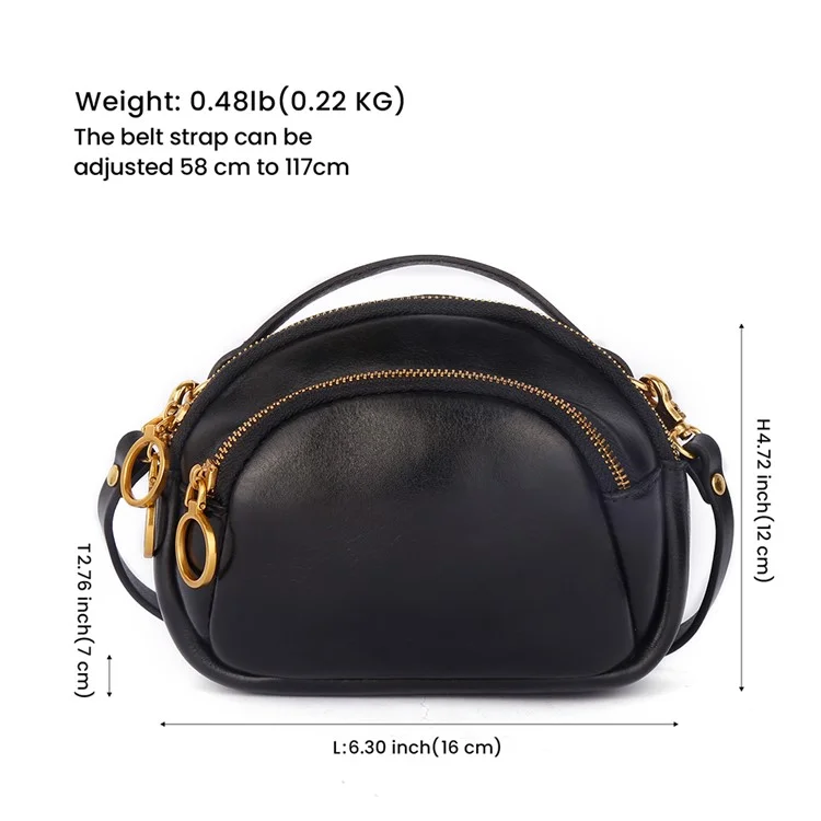 8897 Cowhide Leather Crossbody Shoulder Bag Zippered Pocket Handbag with Handle Strap for Women, Girls - Black