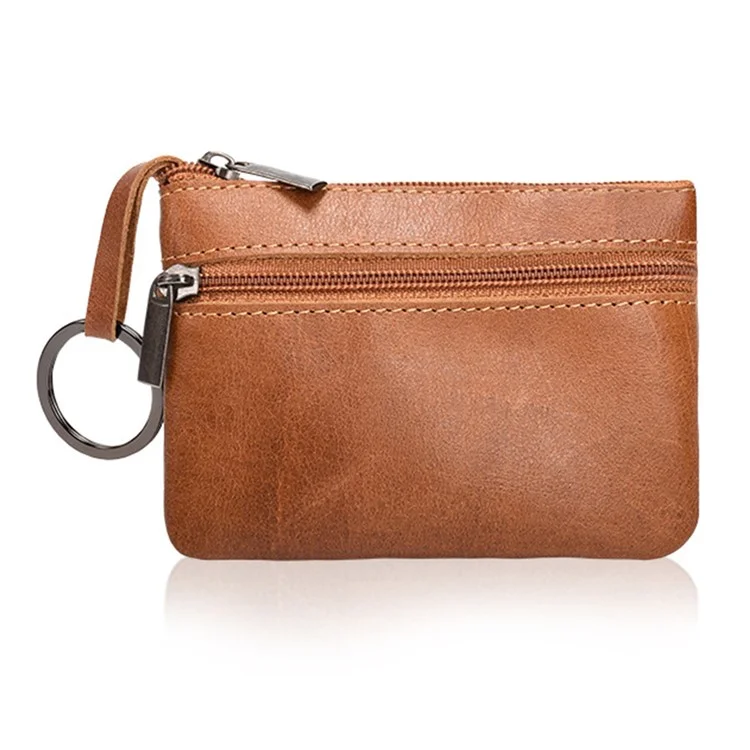 Top Layer Cowhide Leather Coin Purse Zipper Pocket Design Cards Coins Cash Storage Pouch - Brown